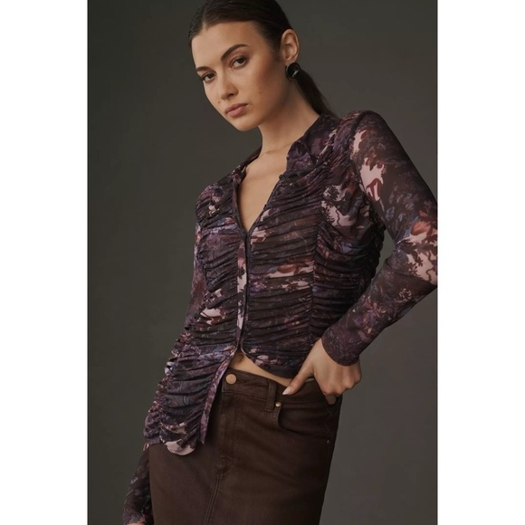 Anthropologie Pilcro Collared Mesh Buttondown Shirt Gathered Rutched Purple S - Picture 1 of 12